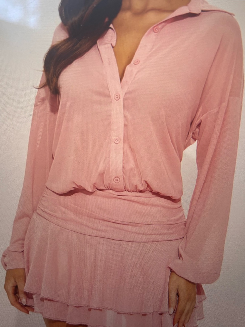 Fashion Nova Blush Pink Button-Front Long Sleeve Dress